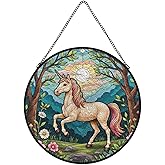 Stained Glass Window Hanging,Fantasy Unicorn Meadow Sun Catchers for Window Door Home Decor Suncatcher Christmas, Mother's Day, Birthday, Gifts for Women, Men 3.5x3.5in(9x9cm)