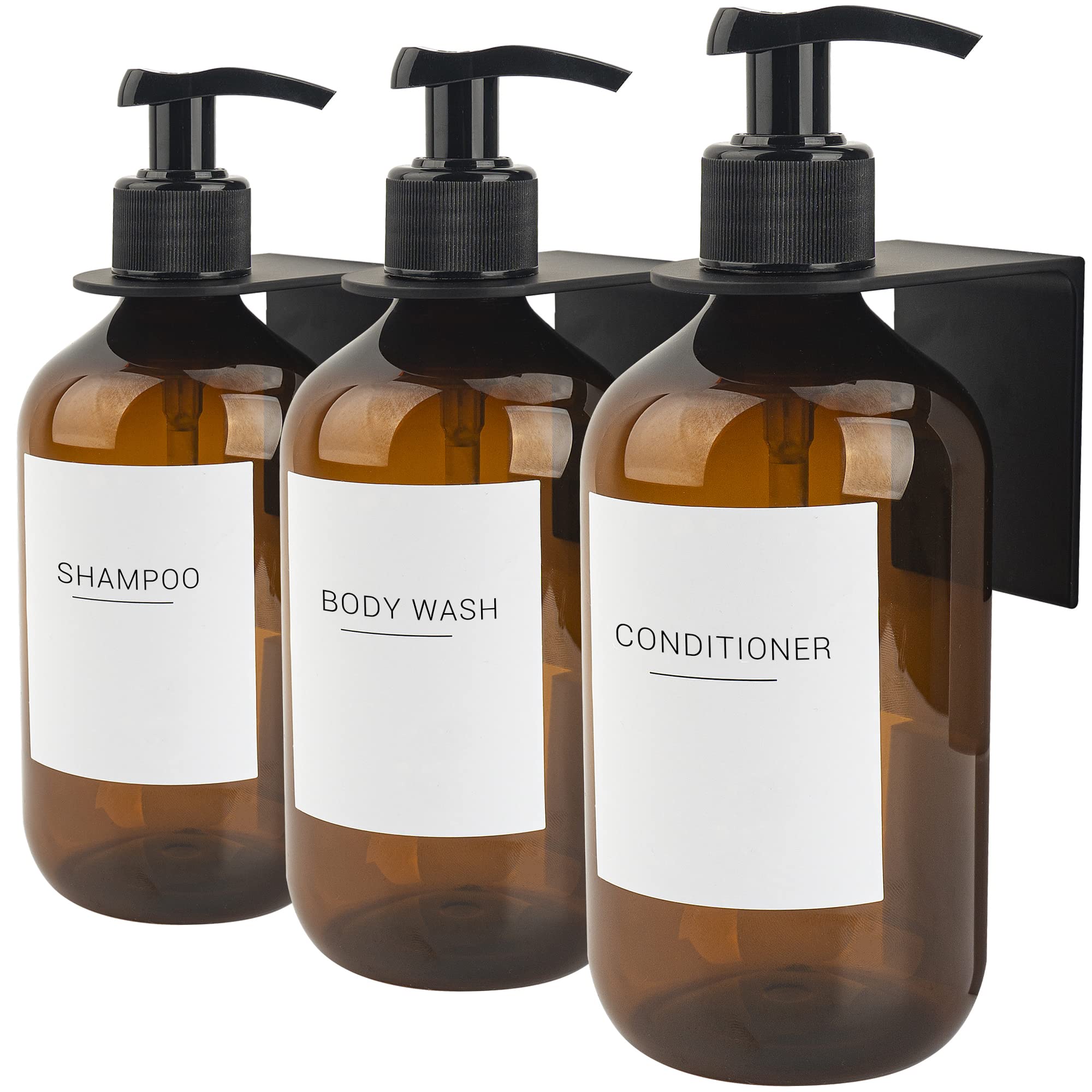 Ezebesta 3PCS 500ml Amber Plastic Shower Pump Dispensers with 22 Labels and 3 Wall-Mounted Rack Bathroom Soap Bottles