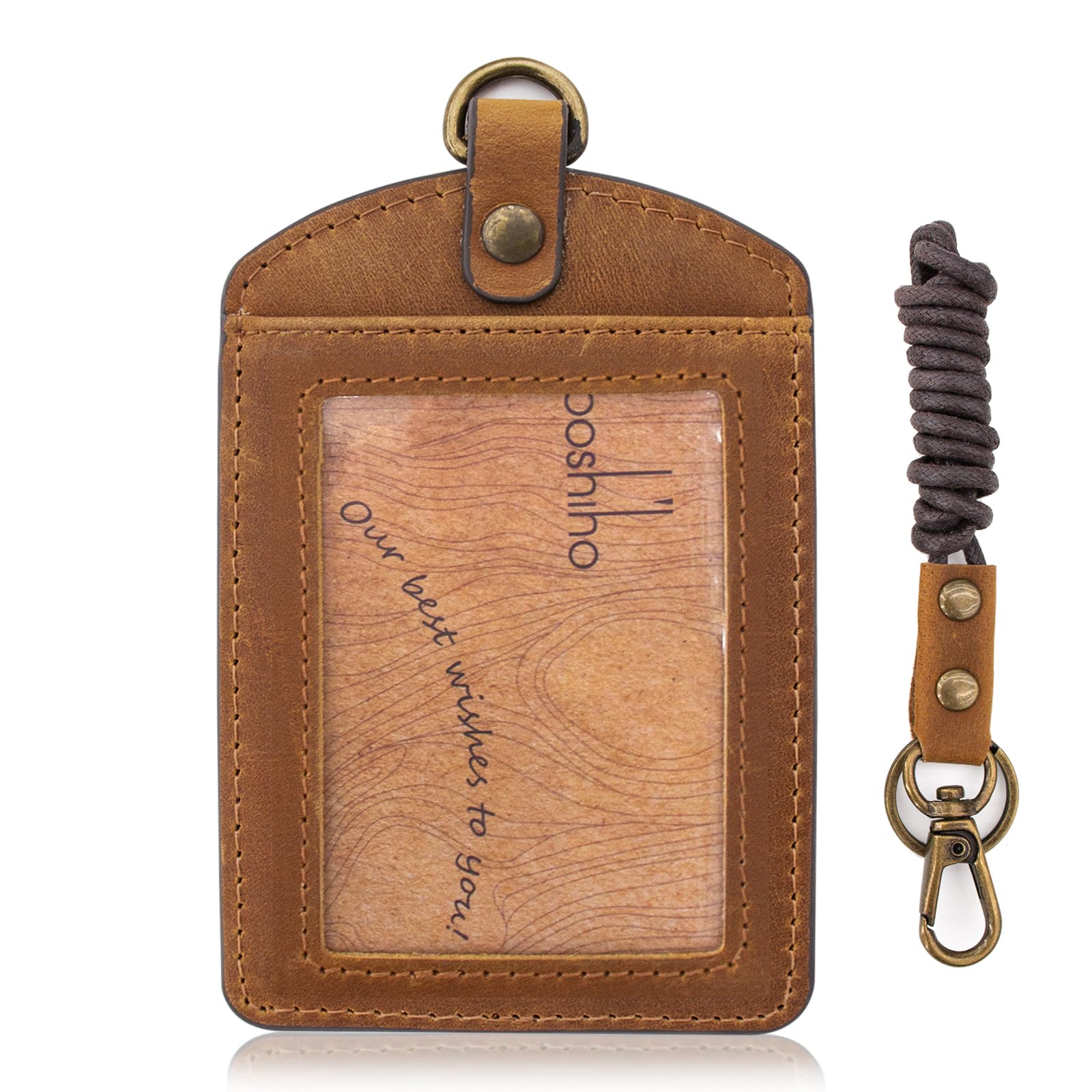Badge Holder: Boshiho Cowhide Leather ID Badge Card Holder with Neck Lanyard, Vertical Style Credit Card Holders for Office Students Business (Light Brown) — image 1