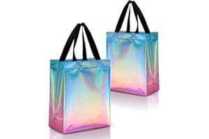 Nush Nush Gradient Bags Medium Size - Set of 12 Aqua to Pink Reusable Bags With Holographic Finish - Perfect For Goodie, Birthday, Party Favors - 8x4x10