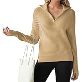 Womens Sweater V Neck Long Sleeve Zipper Casual Bussiness Fall Pollover Trendy Tops