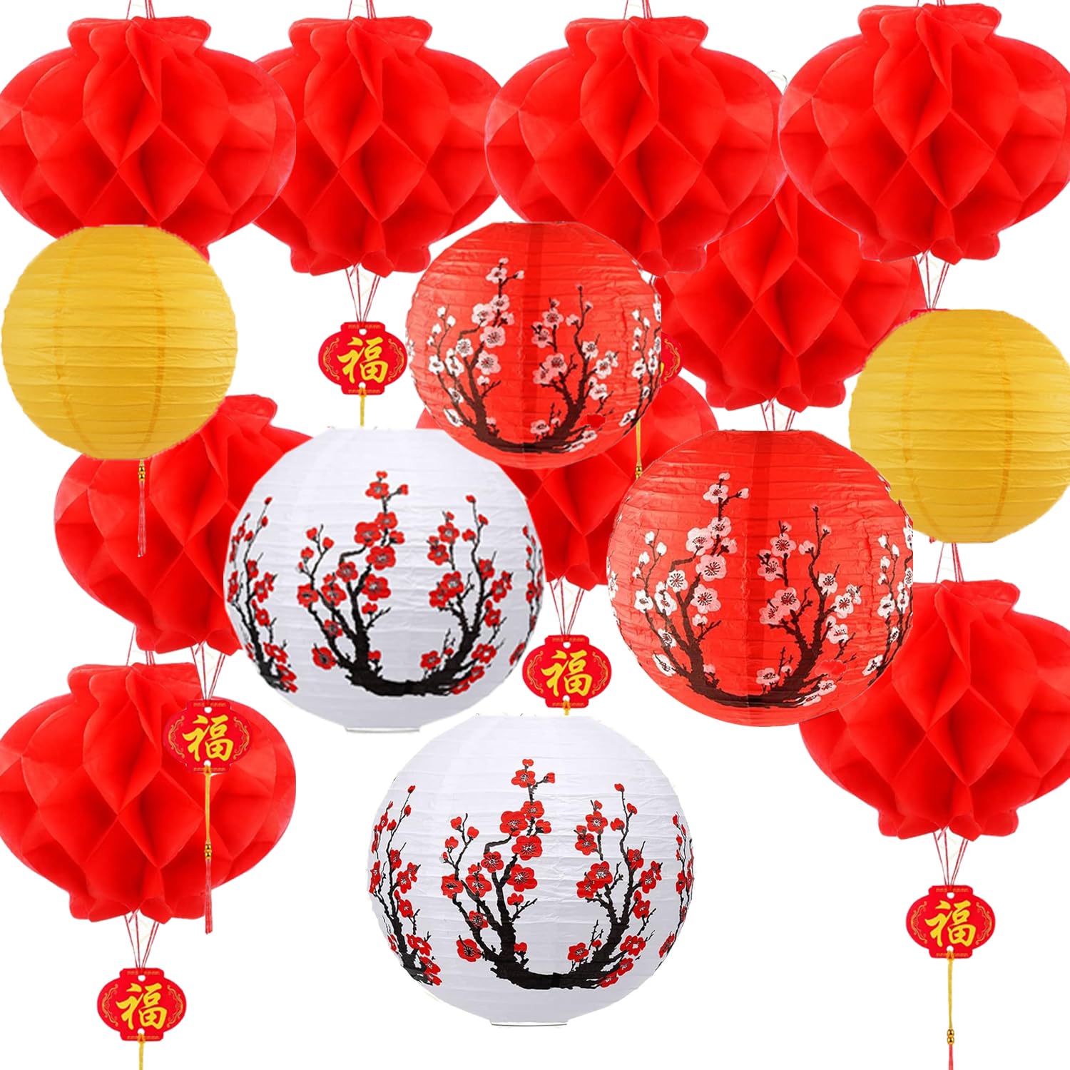 Chinese New Year Decorations 16 Pcs 12 Inches Chinese Japanese Paper Lantern Cherry Blossom Decorative Hanging Lanterns for Spring Festival Lantern Festival Home Restaurant Wedding Party Decor