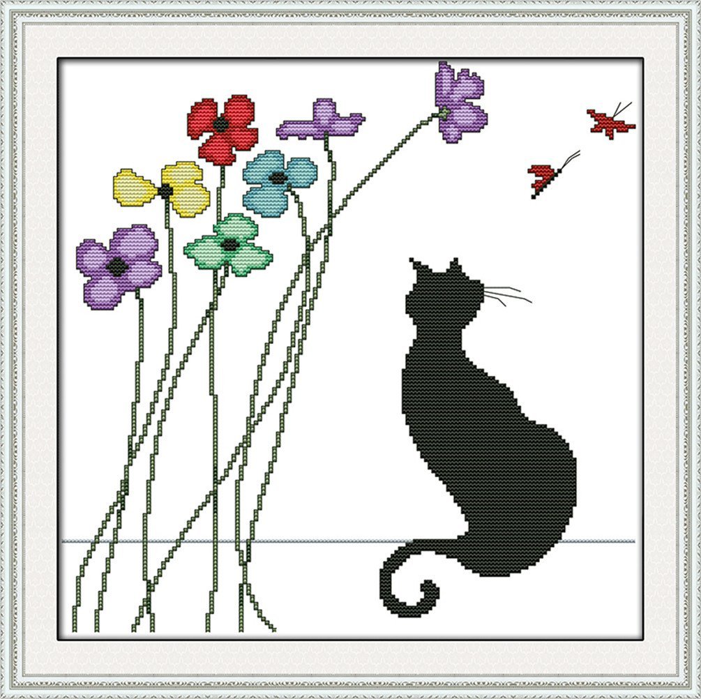 YEESAM ART Unstamped Cross Stitch Kits for Adults, Black Cat and Flowers 14ct Counted Unprinted Embroidery Kit Needlework Wall Art Decor