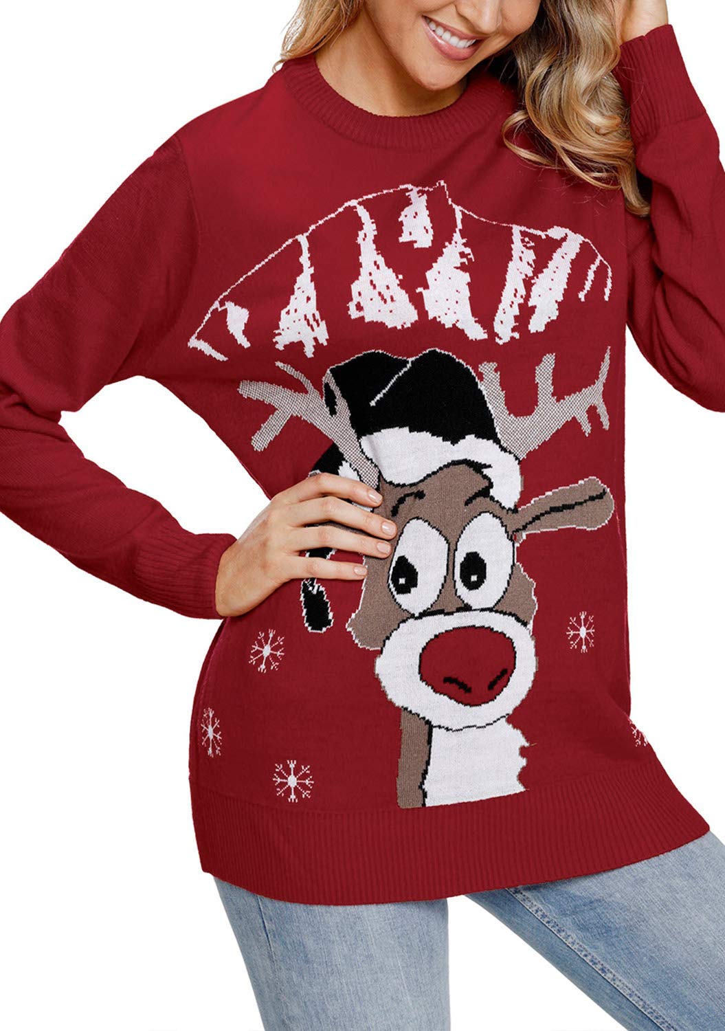 Vetinee Womens Ugly Christmas Cute Reindeer Long Sleeve Knit Pullover Sweater