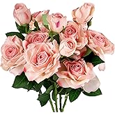 JOHOUSE 4 Stems Artificial Flowers for Decoration, 12 Pink Flowers Roses Bouquet for DIY Crafts Home Wedding Living Room Vase Fillers