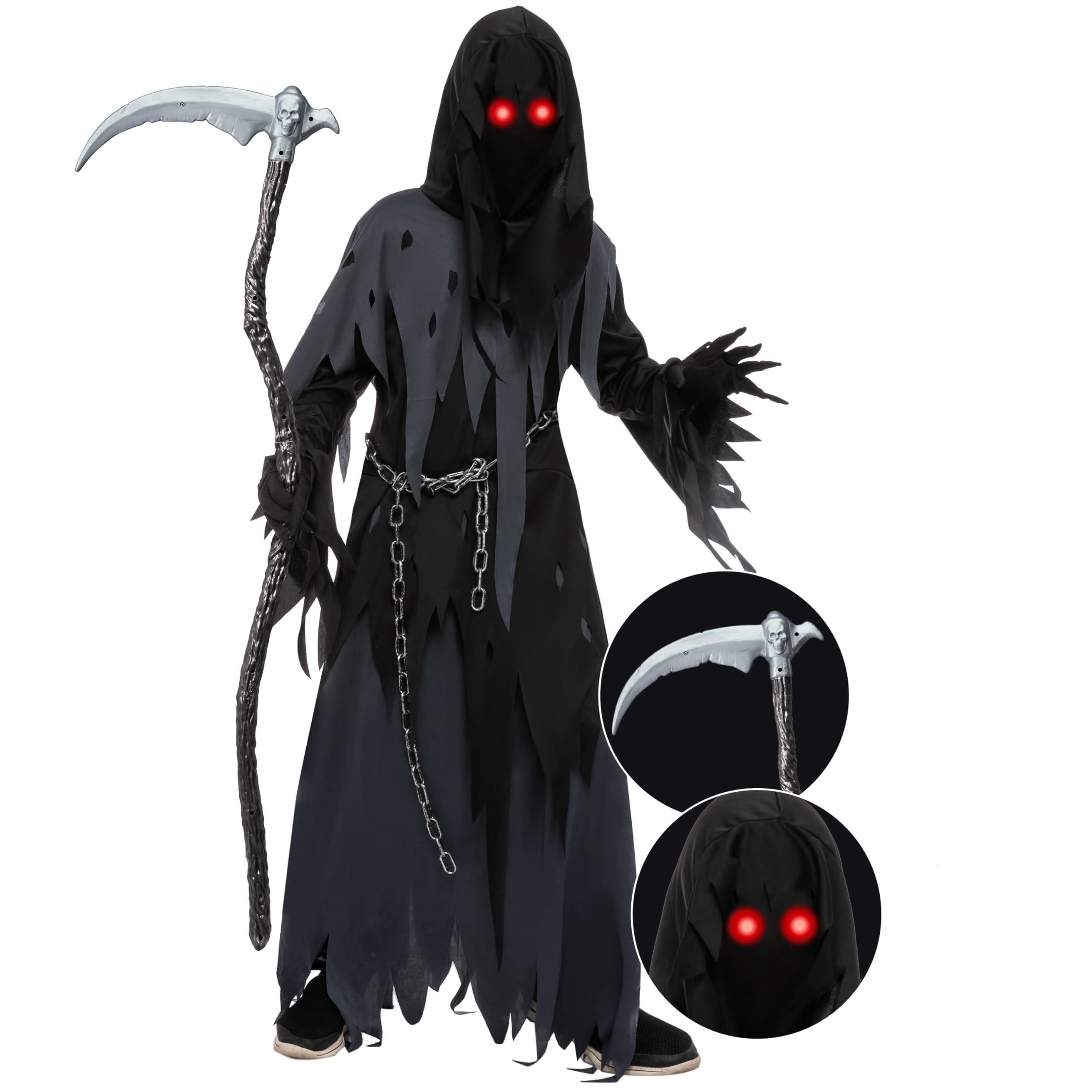 Photo 1 of Spooktacular Creations Halloween Glowing Eyes Grim Reaper Costume for Kids, Dark Knight Reaper Phantom Costume for Halloween Dress Up (XX-Large(14-16yr))