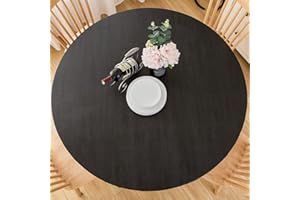 LIBERECOO Round Vinyl Fitted Tablecloth with Flannel Backing Elastic Edge Plastic Table Cover - Black Wood - Waterproof Table Cloth Stain-Resistant Wipeable for 45"-56" Round Table