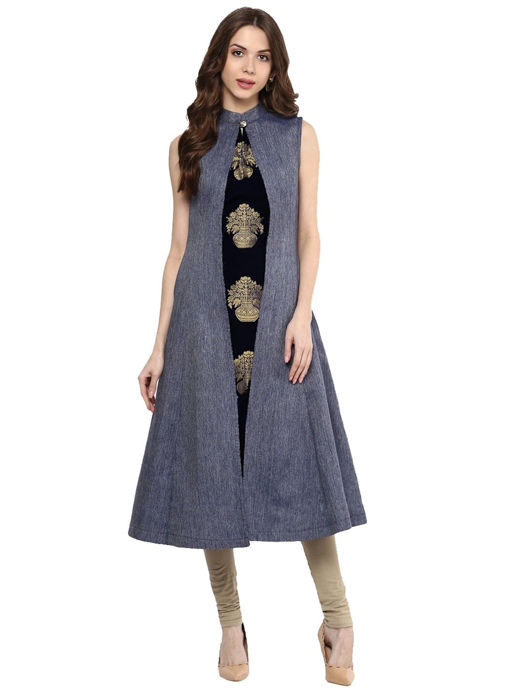 aahwan blue denim a-line long kurta leggings set for women (b001)