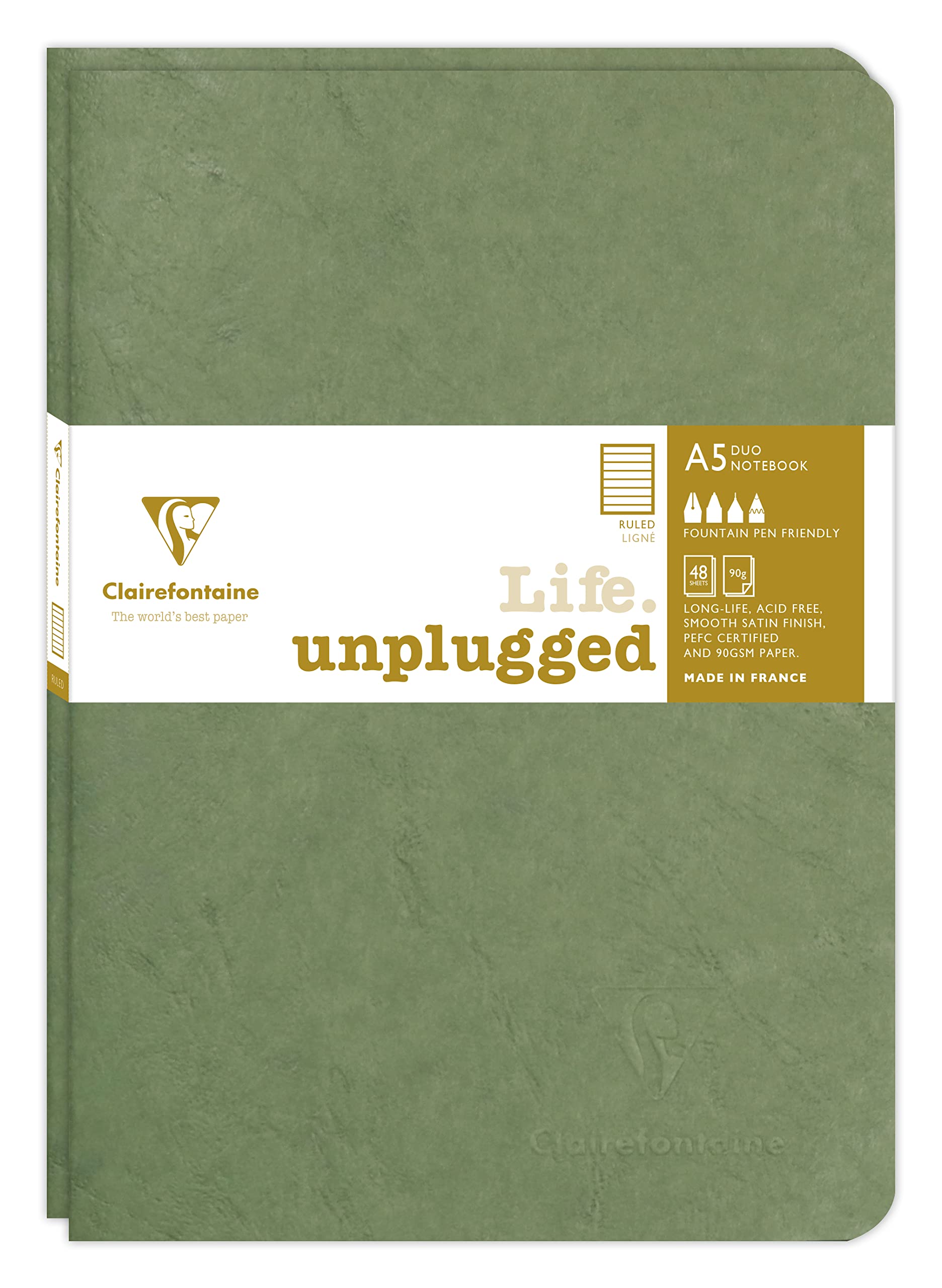 Clairefontaine 733173C Collection Age Bag Set of 2 Green Duo Stapled Notebooks - A5 15.8x21 cm - 96 Lined Pages - 90 g White Paper - Leather Grain Card Cover