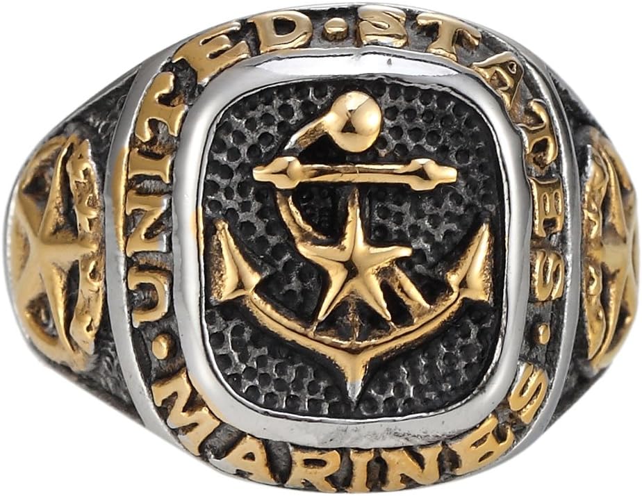 Golden Anchor & Star Military Stainless Steel US Army Marines Biker Ring