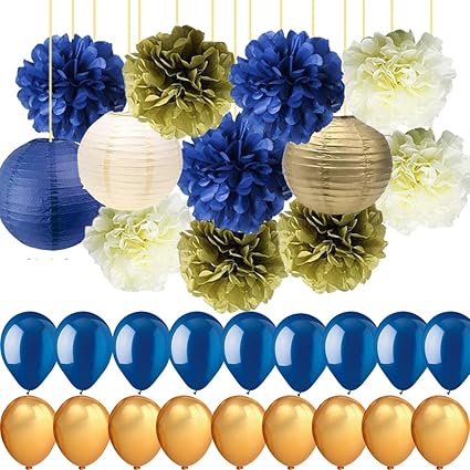 Amazon Com Royal Blue Gold Cream Party Decorations Tissue Paper Pom Poms Paper Lanterns With Balloons Set For Navy Blue Nautical Party Royal Prince Baby Shower Birthday Wedding Graduation Party Toys Games