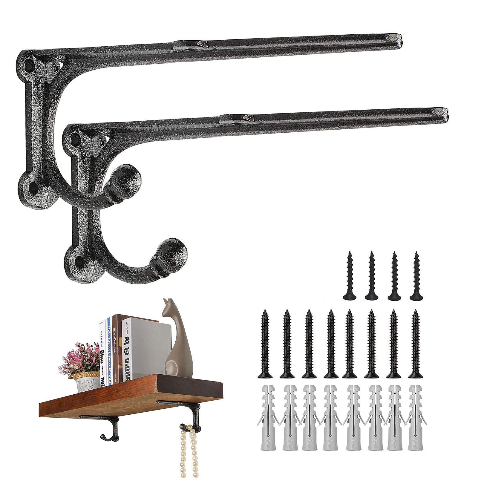 ChasBete Shelf Brackets & Supports Heavy Duty Bracket, Black Shelf Bracket with Hook, Rustic Brackets for Shelves 20*8.5 cm - 2Pcs — image 1