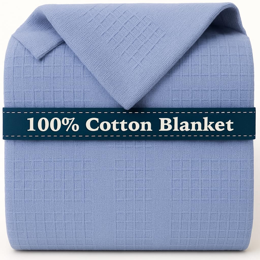 Photo 1 of 100% Cotton Blanket Twin Size 66x90 - Lightweight Breathable Waffle Weave Thermal Throw for Bed, Sofa & Couch - Soft Cozy, Durable Summer Bedding, All Season Comfort for Home, Travel & Camping SkyBlue