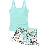 Aulyffo Girls Tankini Swimsuit 2 Piece Bathing Suits for Girls Square Collar Swim Tank Top and Drawstring Bottoms for 9-16Y