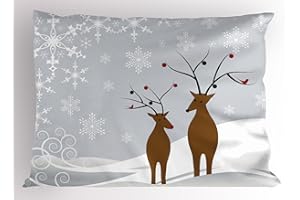 Ambesonne Christmas Pillow Sham, Reindeers at Noel Time Yule with Snowflakes in Winter Santa Print, Decorative Standard Size Printed Pillowcase, 26" X 20", Grey White