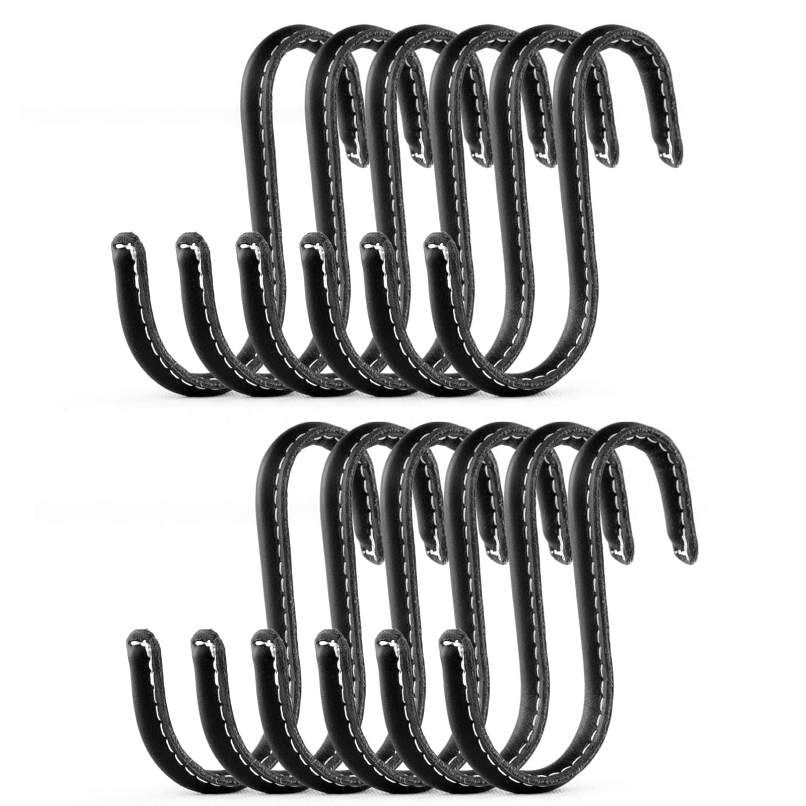Brute Strength - S Shaped Hooks Wrapped in Full Grain Leather - 12 pcs - Black - 10 cm Stainless Steel Metal Hangers Hanging Hooks for Kitchen, Work Shop, Bathroom