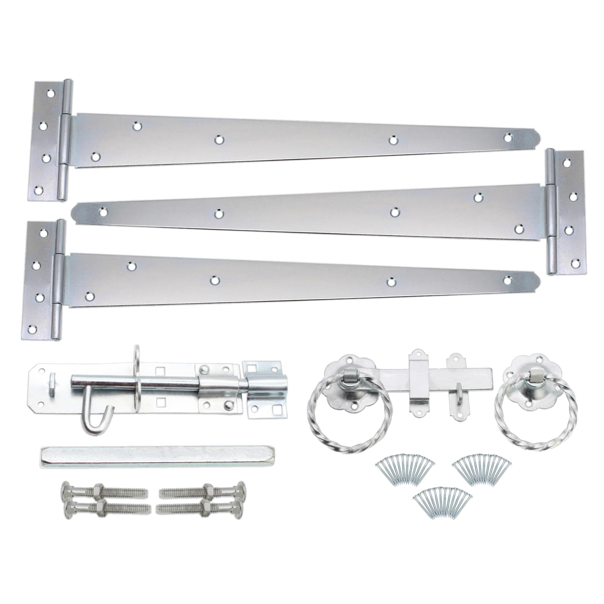 Infinity Decor Garden Gate Kit 18” Tee Hinges (3) Twisted Ring Latch, Brenton Bolt Wooden Barn, Shed Doors, Garage Gate Fittings Kit Galvanized Zinc