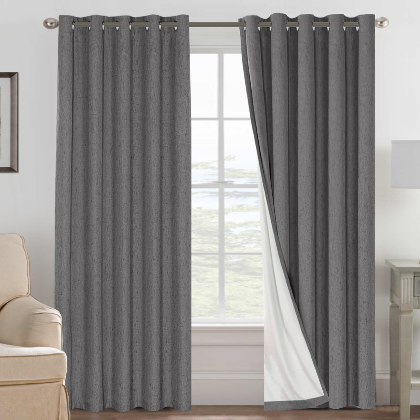 BellaHills 100% Blackout Curtains for Bedroom Eyelet Thermal Insulated Linen Textured Curtains Heat and Full Light Blocking Drapes Living Room Curtains 2 Panels Set, 66 x 90 Inch, Grey