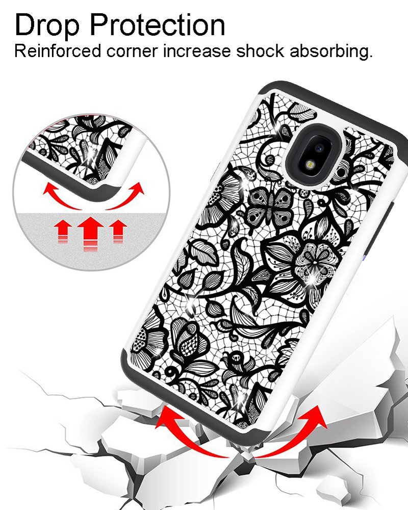 Samsung Galaxy J7 2018 Case, Galaxy J7 Refine/J7 Aero/J7 Top/Aura/Crown/Eon/Star Case, Androgate Hybrid Shock Absorption Floral Bumper Phone Cover Case with TPU Full Coverage Screen Protector, Black