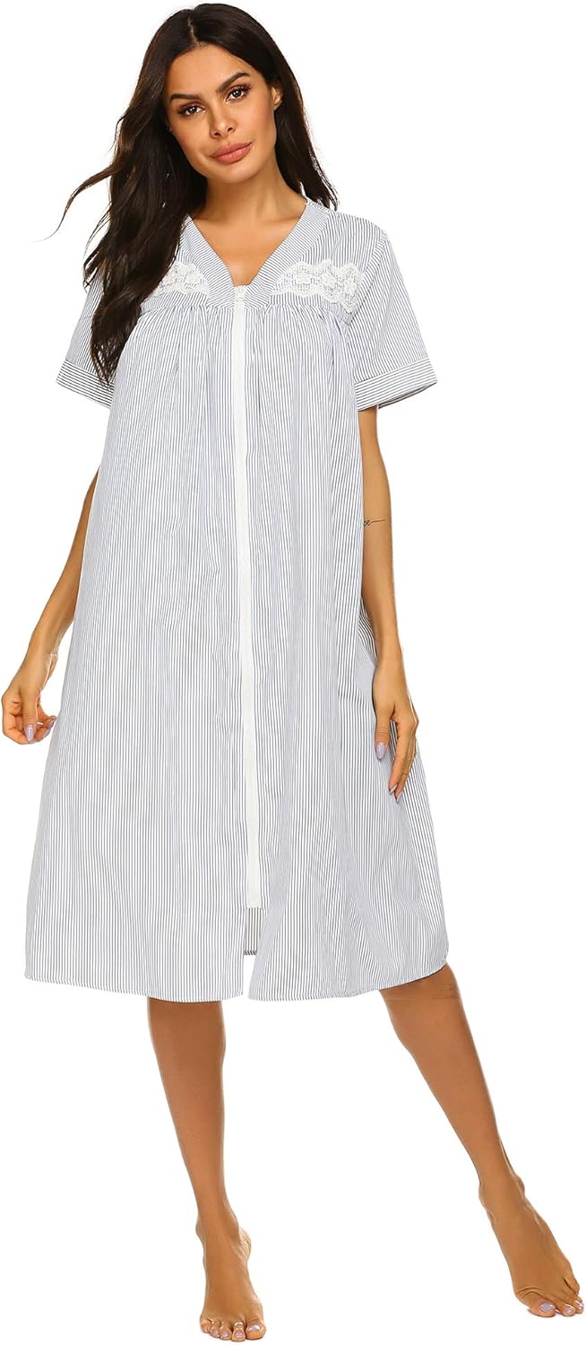 Ekouaer Soft Women Nightgowns Short Sleeves Robes Zipper Front