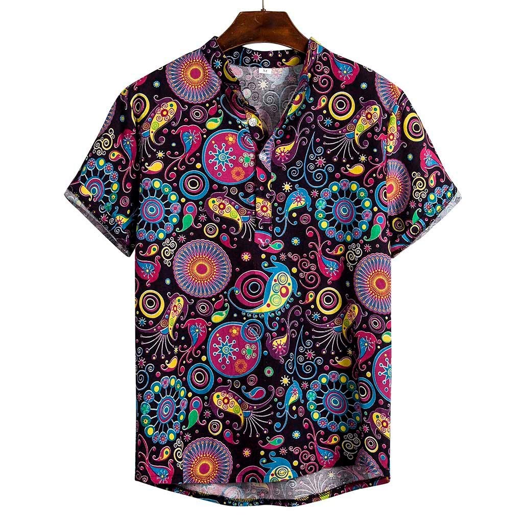 Beautyfine Mens Hawaii Henry Collar Shirt Top Vintage Stitching Print  Cotton Linen Ethnic Casual Short Sleeve Blouse Big & Tall com Shirts