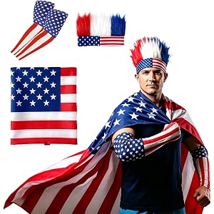 Maazusa American Flag Cape Costume Set 4th of July USA Patriotic Outfit Sleeves Headband Wig Accessories Soccer Fans Celebrat