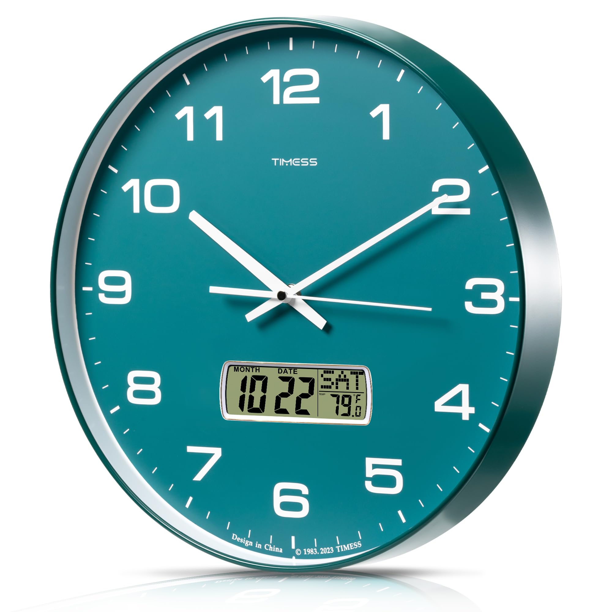 TIMESS Wall Clock, 14" Large Dial Non-Ticking Silent Battery Operated Analog with LCD Display for Perpetual Calendar and F° Temperature, Ideal Modern Home, Bedroom, Kitchen, Office Decor(Green)