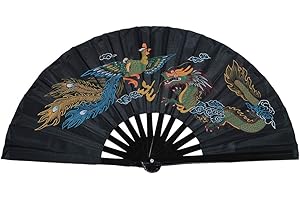 Medifier Chinese Kung Fu Tai Chi Fan Arts Dance/Practice Performance Bamboo Folding Fan (Dragon and Phoenix black background)