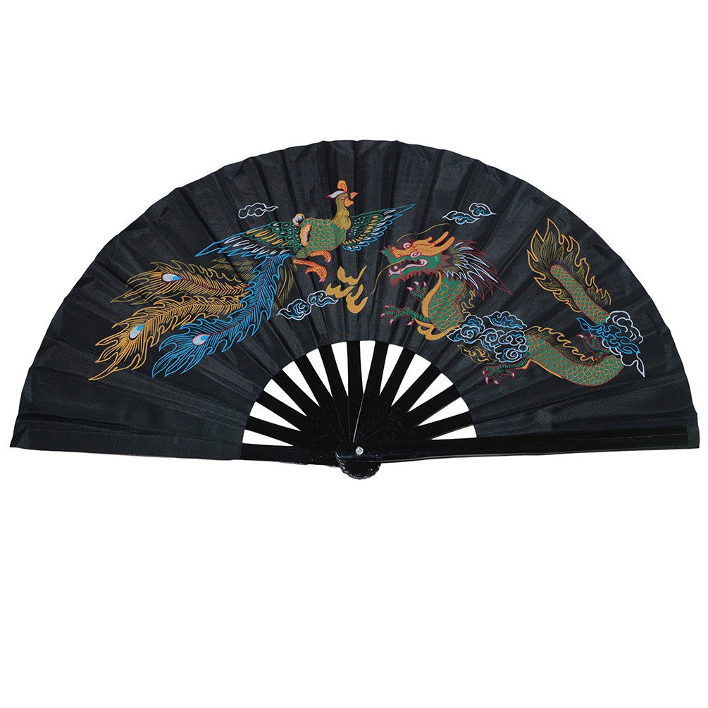Medifier Chinese Kung Fu Tai Chi Fan Arts Dance/Practice Performance Bamboo Folding Fan Dragon And Phoenix black background