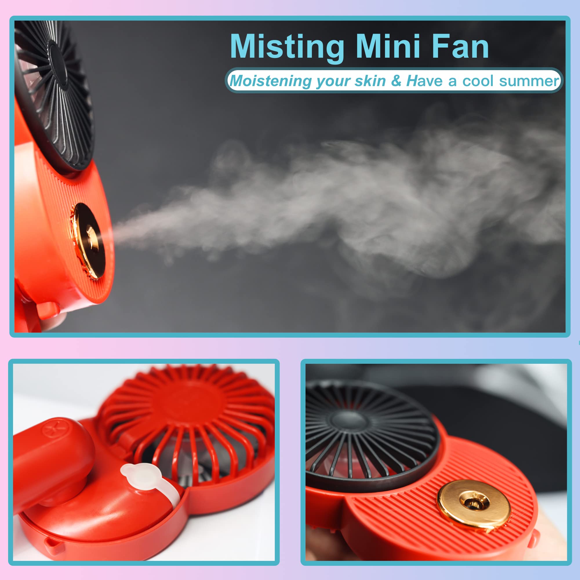 LACOVIA Cute Mouse Misting Mini Fan, Handheld Portable USB Rechargeable Fan with 3 Adjustable Speeds, Foldable For Travelling(Pink)