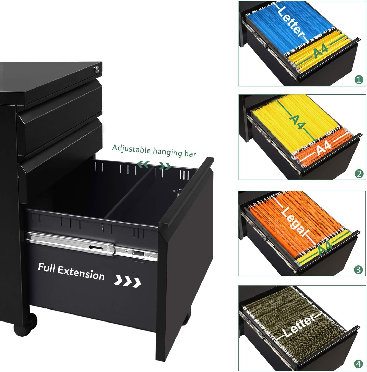 DEVAISE 3 Drawer Mobile File Cabinet with Lock, Under Desk Metal Filing Cabinet for Legal/Letter/A4 File, Fully Assembled Except Wheels, Black : Office Products