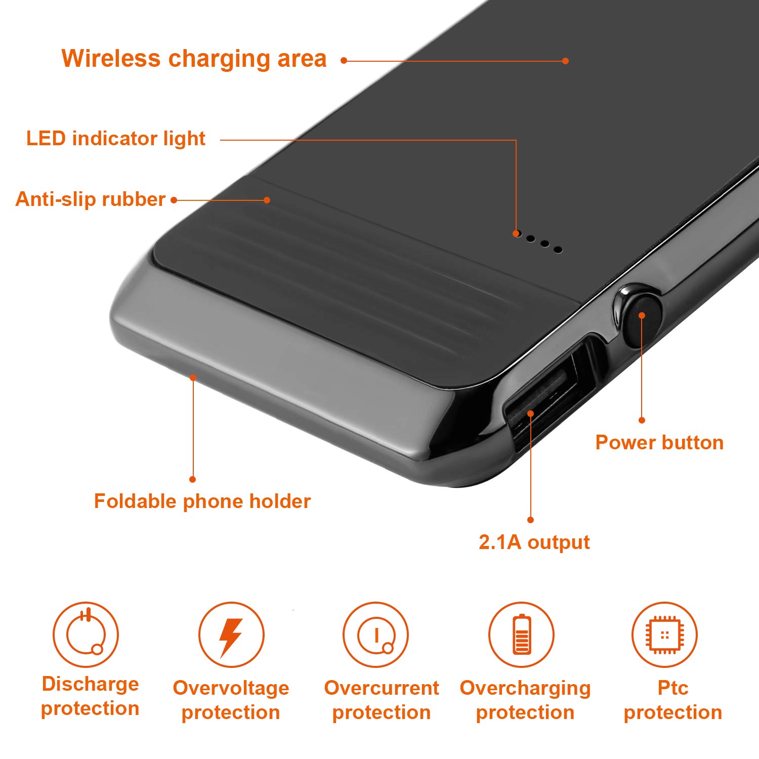 Wireless Portable Charger, AIRGINE QI Wireless Power Bank with Folding Stand for iPhone Xs/XR/X /8 /8p, ipad, Samsung S10 /S9 /Note9 and More (AC Adapter+USB Cable Included)