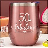 Crisky Rose Gold 50 & Fabulous Wine Tumbler for Women 50th Birthday Gifts for Women, Wife, Mom, Sister, Aunt, Friends, Coworker Her, Vacuum Insulated Coffee Cup,12oz with Box, Lid, Straw