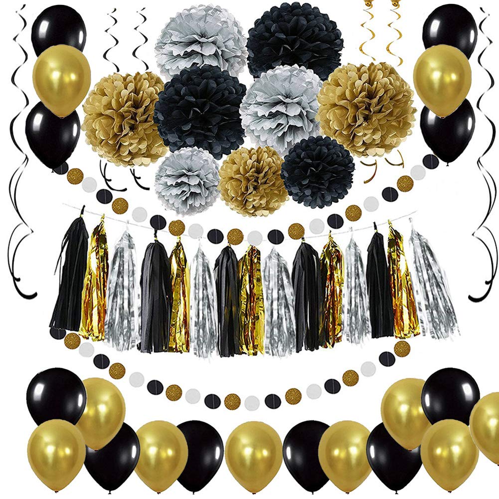 Black Gold Party Decoration Set - DIY Pompoms Flowers, Tassel Garland, Balloons, Polka Dot Paper Garland, Spiral Garlands, for Graduation and Retirement Party Decoration