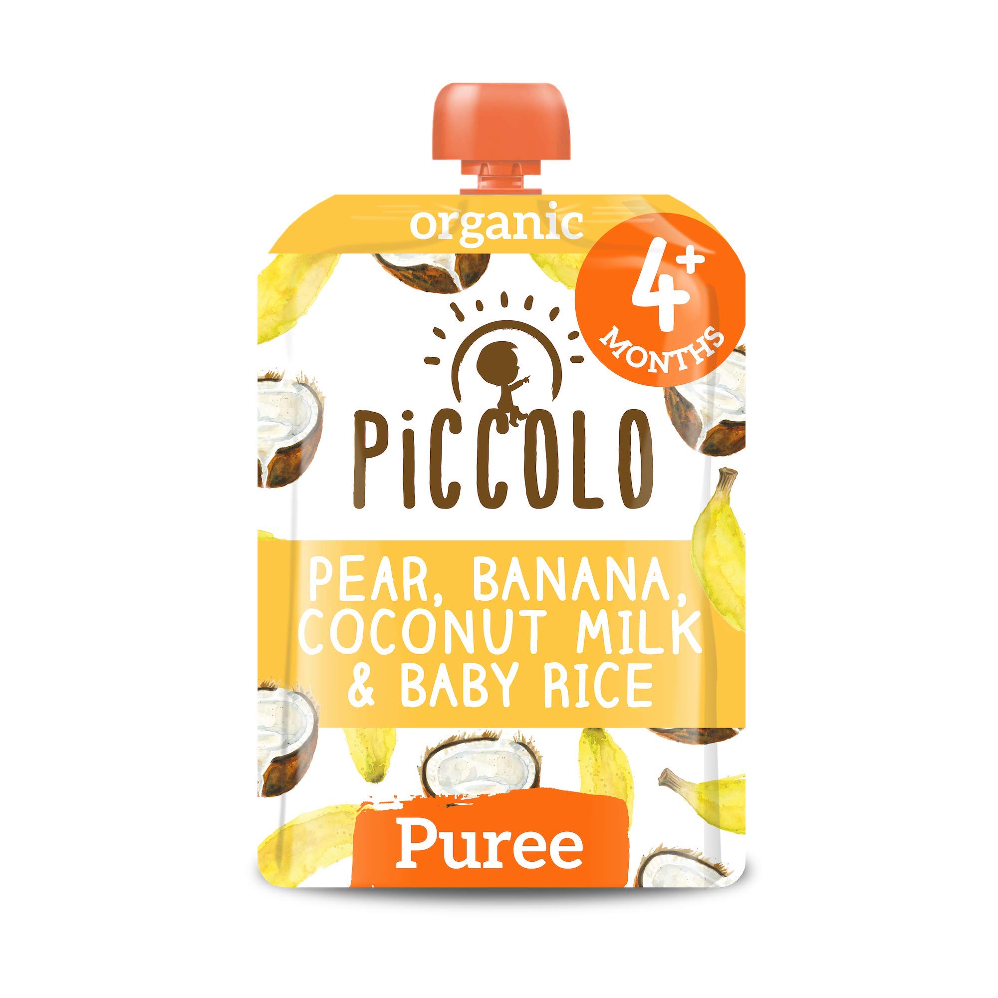 Piccolo Organic - Baby Food - 4 Months+ Pear, Banana, Coconut Milk & Baby Rice Puree - Pack of 5 x 100g - Stage 1 Baby Food Pouches - Gluten Free & Dairy Free