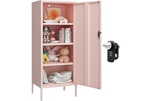 Steehoom Metal Storage Cabinet with Lock Single Door Pantry Cabinet 4 Tier Pink Steel Locker Cabinet for Dining Room,Living Room, Entryway, Kitchen H49.21'' (Pink)