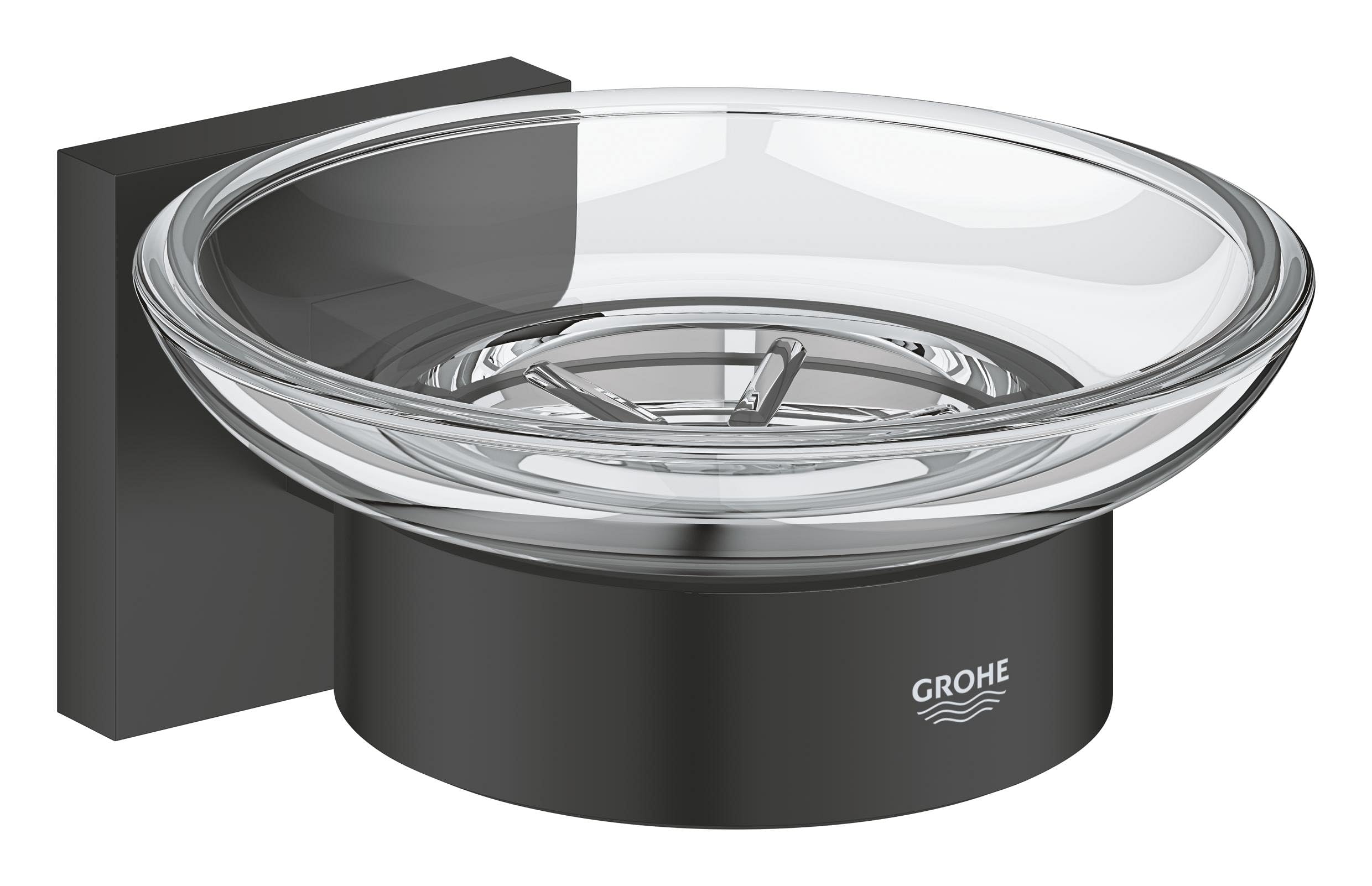 GROHE Start Cube QuickFix Soap Dish with Holder (Material: Glass & Metal, Wall Mounted, Concealed Fastening, with Screws & Dowels), Size 125 mm, Easy to Fit with GROHE QuickGlue, Matt Black, 410962430