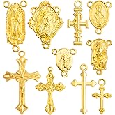 JMKTOOL 50pcs Rosary Cross and Center Miraculous Medal Charms Tibetan Jesus Crucifix Pendants Virgin Mary Oval Chandelier Links for DIY Rosary Necklace Jewelry Making, 10 Styles