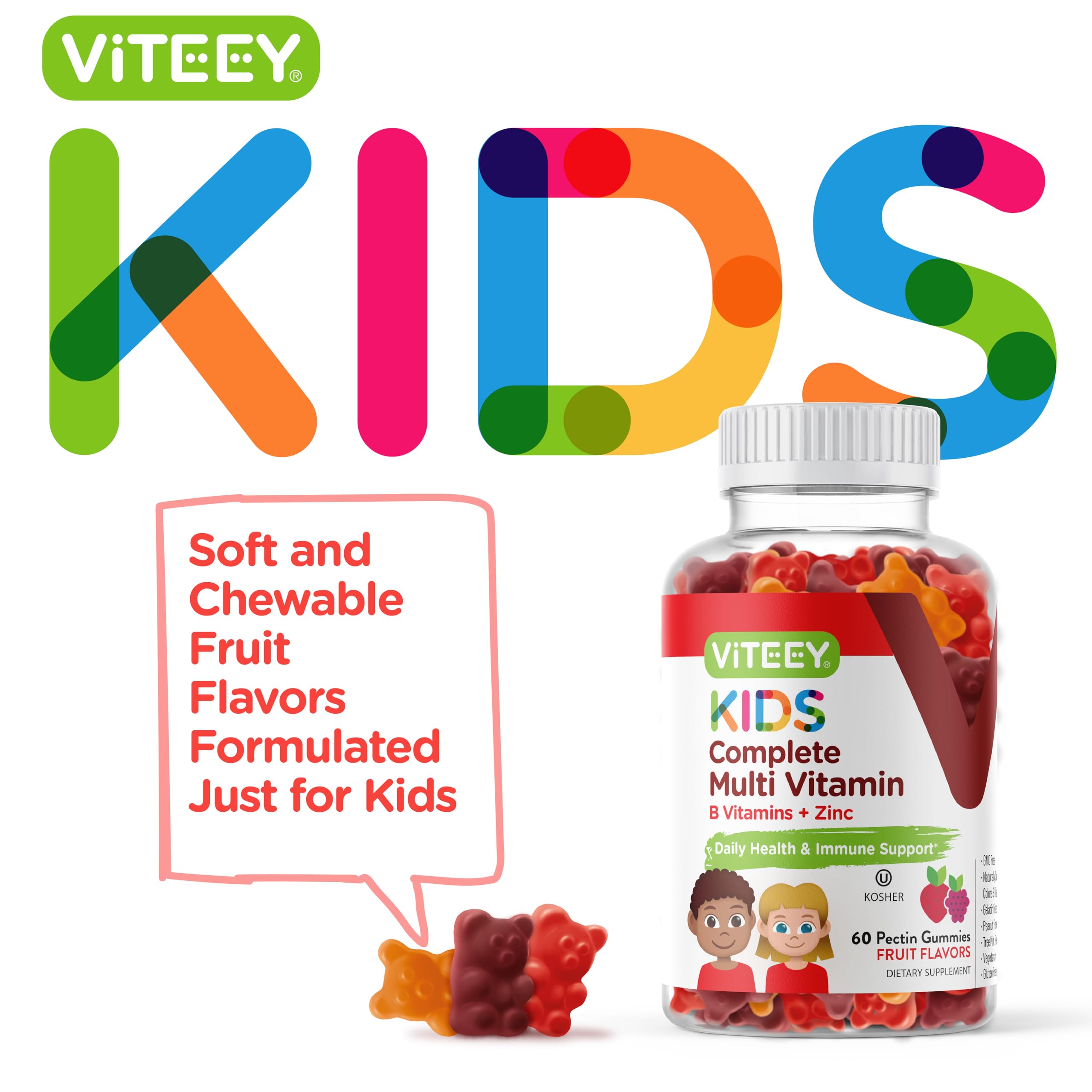 Viteey Kids Multivitamin Gummies, Complete Daily Essential Kids Vitamins - Great for Immune Support & Overall Health - 12 Essential Minerals & Vitamins - Vegetarian, Gelatin Free- Fruit Flavor Gummy