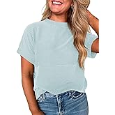 EVALESS Short Sleeve Shirts for Women Casual Spring Summer Tops Ribbed Knit Striped Womens Tops Crewneck Loose Fit T Shirts