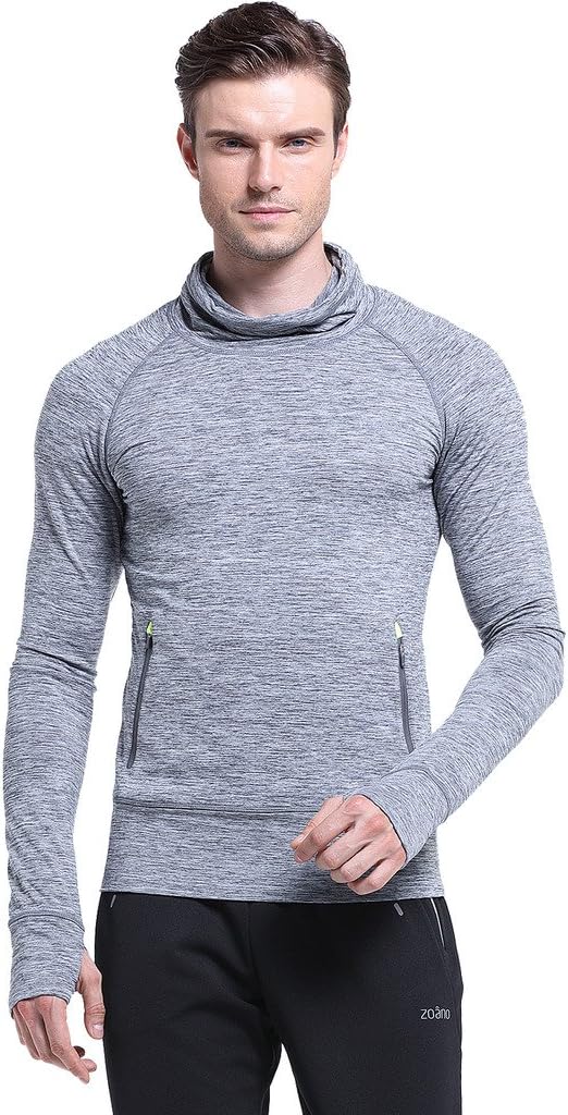 ZOANO Men's Pile Collar Running Sports Long Sleeve T-Shirt With Thumb Holes Gray XL