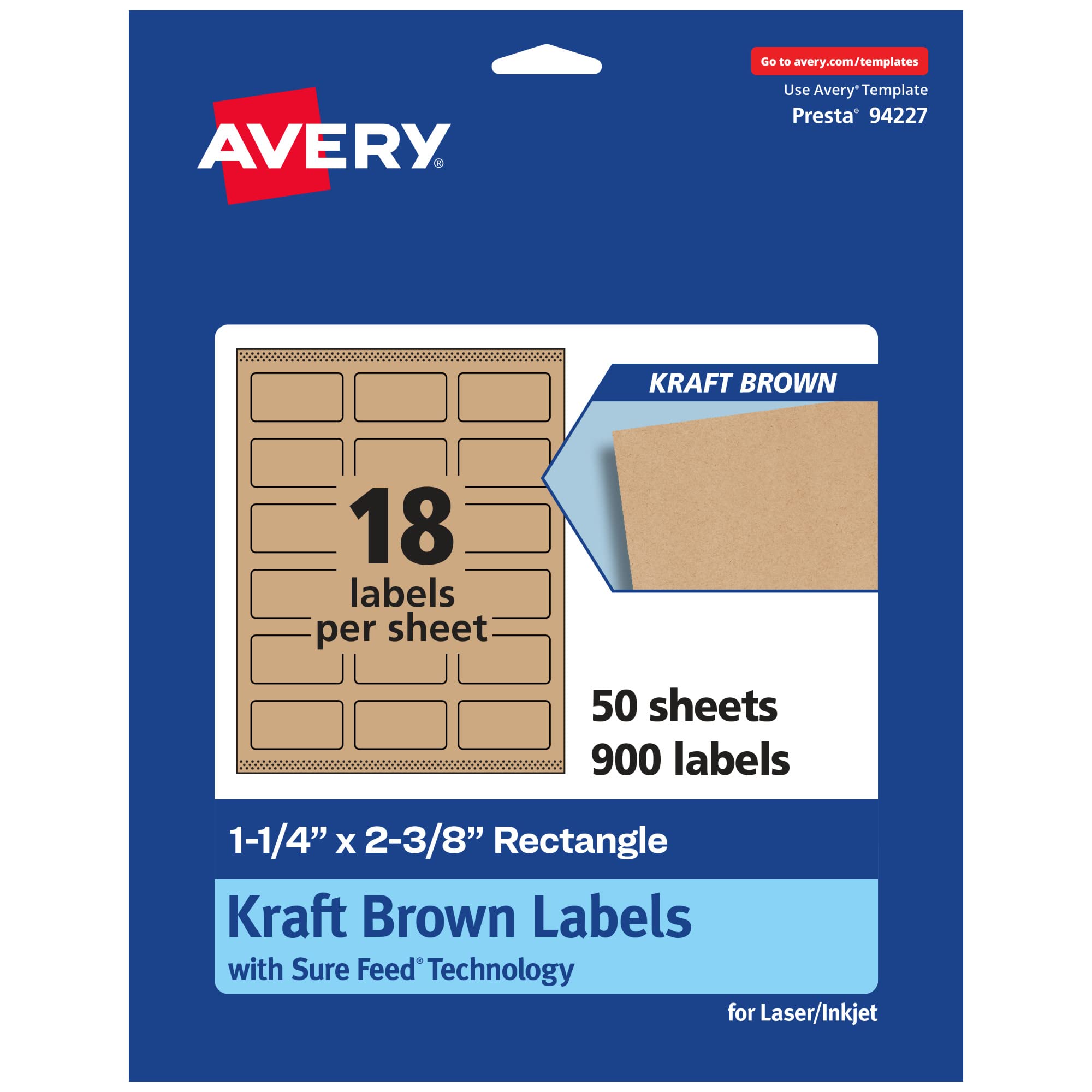 Avery Kraft Brown Rectangle Labels, Sure Feed Technology, 1-1/4″ x 2-3/8″, 900 Kraft Brown Labels, Print-to-The-Edge, Laser/Inkjet Printable