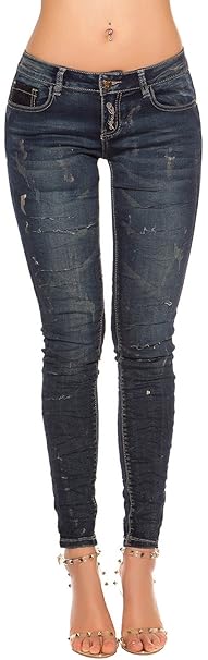 Firstclass Trendstore Skinny Jeans mit Rissen & metallic-farbenem Paint * Gr. 34-42 * Damenhose Damen Jeanshose Röhre Pants
