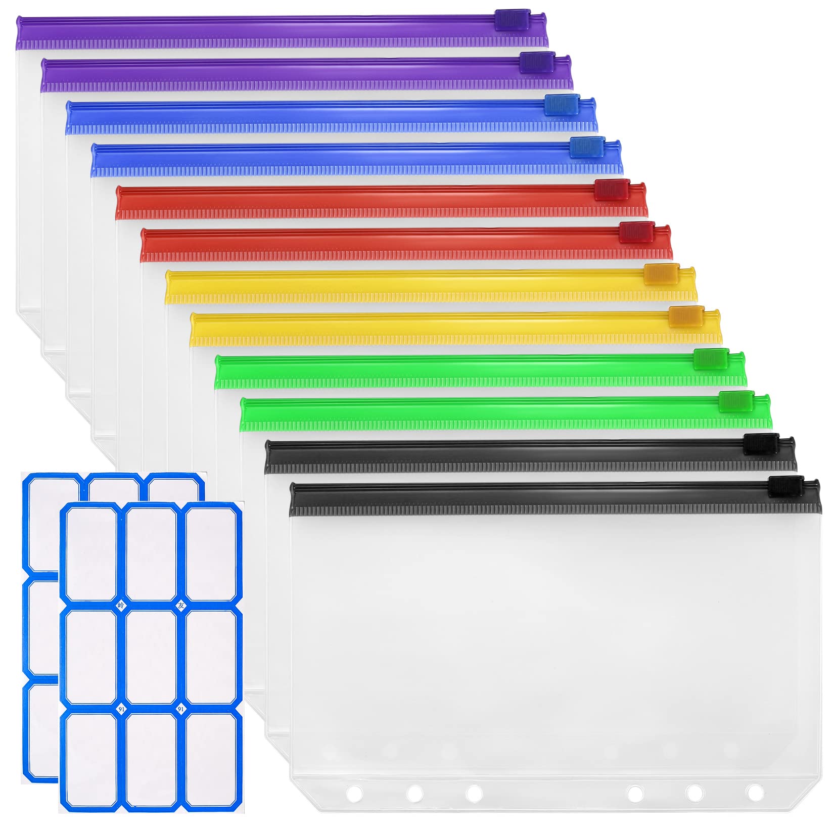 12 Pcs A6 Cash Envelopes, Binder Pockets 6 Holes, PVC Wallet Money Binder for Cash Saving, Loose Leaf Budget Binder Folders Bags with Zipper, Document Organizer Binder for Bill Money Cash Cards