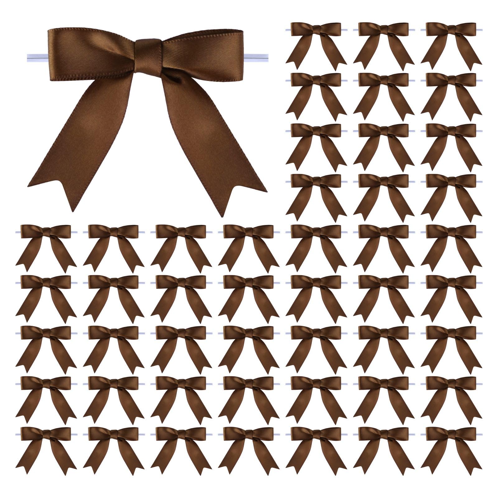 Photo 1 of Meseey 50 Pcs 3 Inches Twist Tie Satin Ribbon Bows Brown Pretied Premade Craft Bows for Treat Bags Gift Wrapping Basket Wedding Baby Shower Brithday Christmas Party (3", Brown)