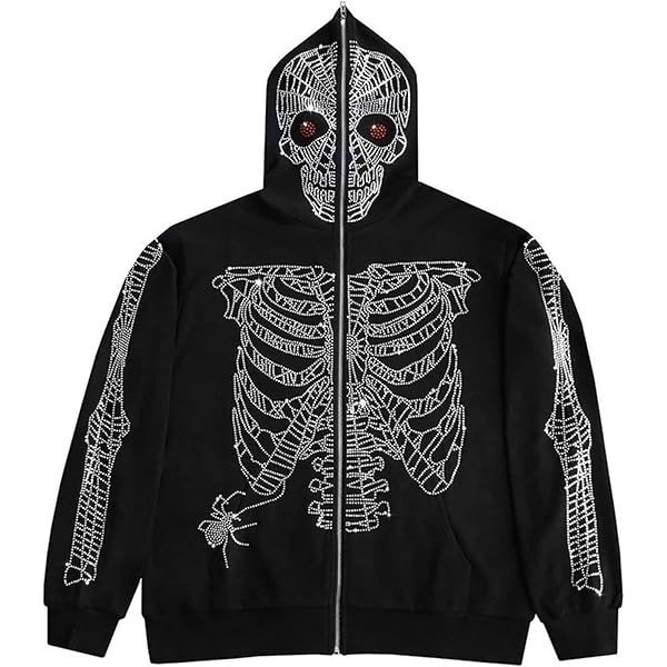 NJNJGO Unisex Rhinestone Graphic Gothic Y2K Jacket Full Zip