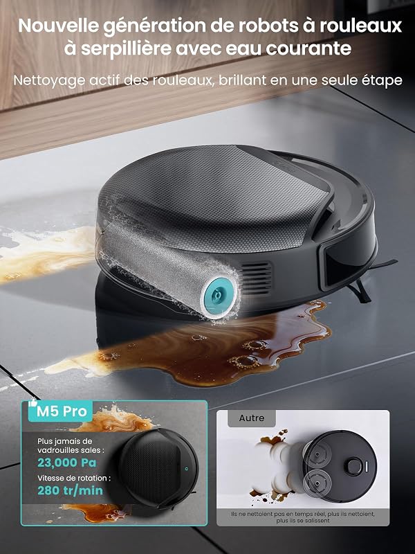 M5 Pro Robot Aspirateur Laveur Rouleau 23000Pa 100% Anti-Enroulement