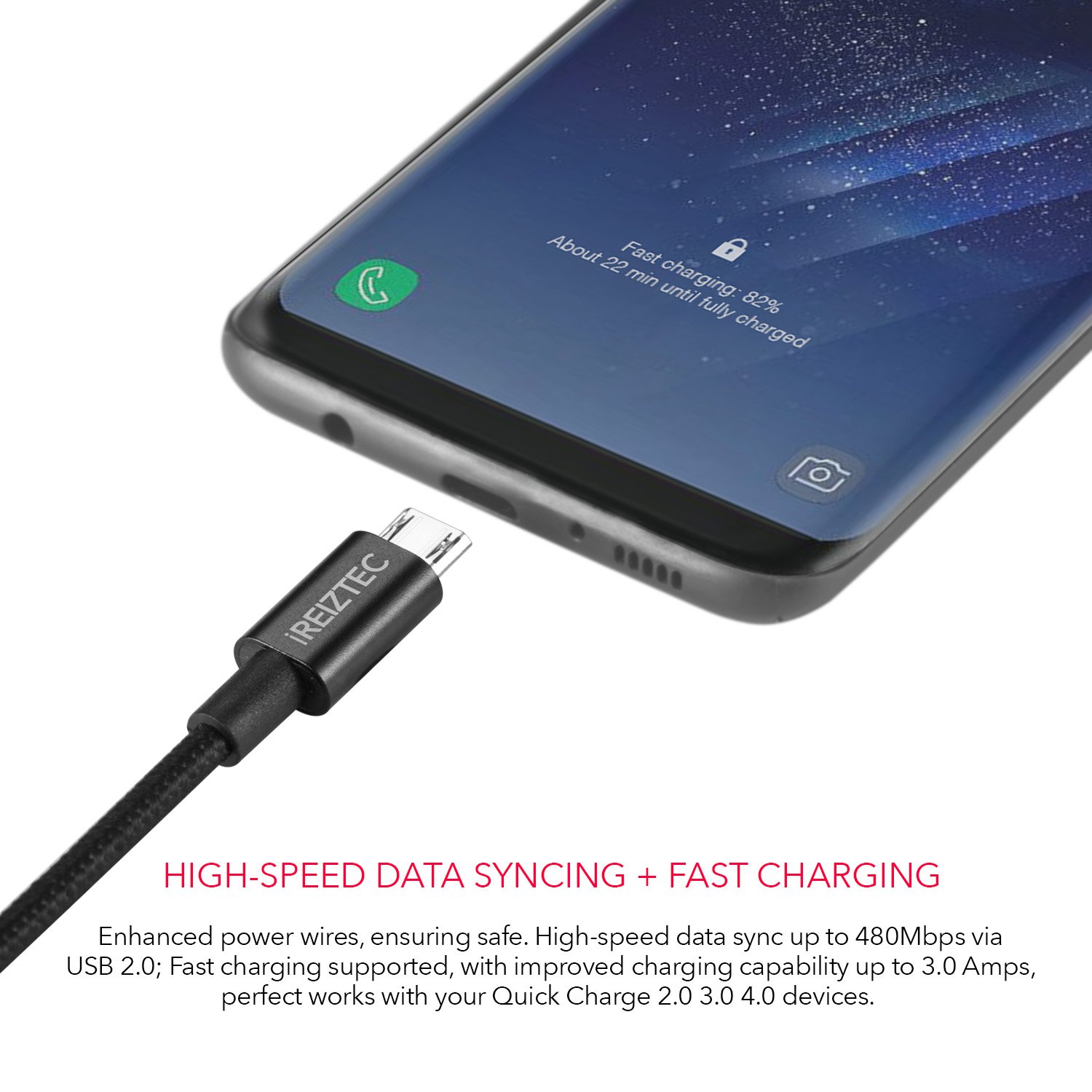 REVERSIBLE Micro USB cable 3.3ft 2-Pack，iREIZTEC Nylon Braided Tangle-Free Durable High Speed Sync + 3.0 Amps Fast Charging Cable for Android, Samsung S8/9 plus N8, HTC, Nokia, Sony and More (Black)