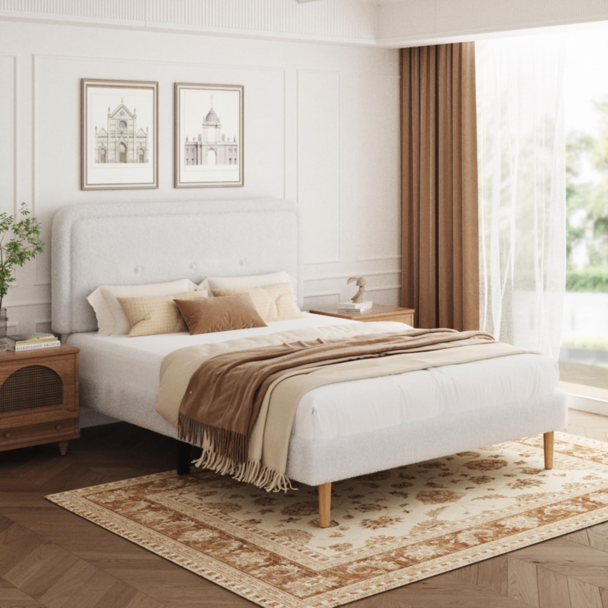 Photo 1 of viplov Full Size Boucle Bed Frame, Upholstered Platform Bed Frame with Adjustable Headboard, Anti-Collision Soft Rounded Corners, No Box Spring Needed, Easy Assembly, Noise Free, White
