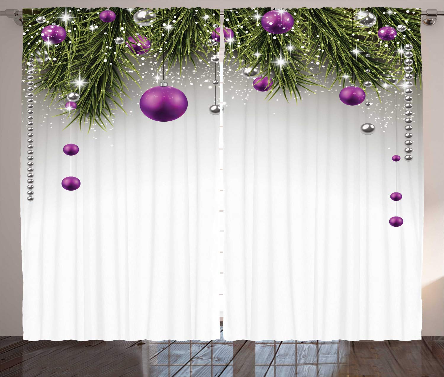 ABAKUHAUS Christmas Curtains, Tree with Tinsel and Ball with Present Wrap Ribbon Celebration Picture, Living Room Bedroom Window Drapes 2 Panel Set, 280 x 260 cm, Purple Gray Green